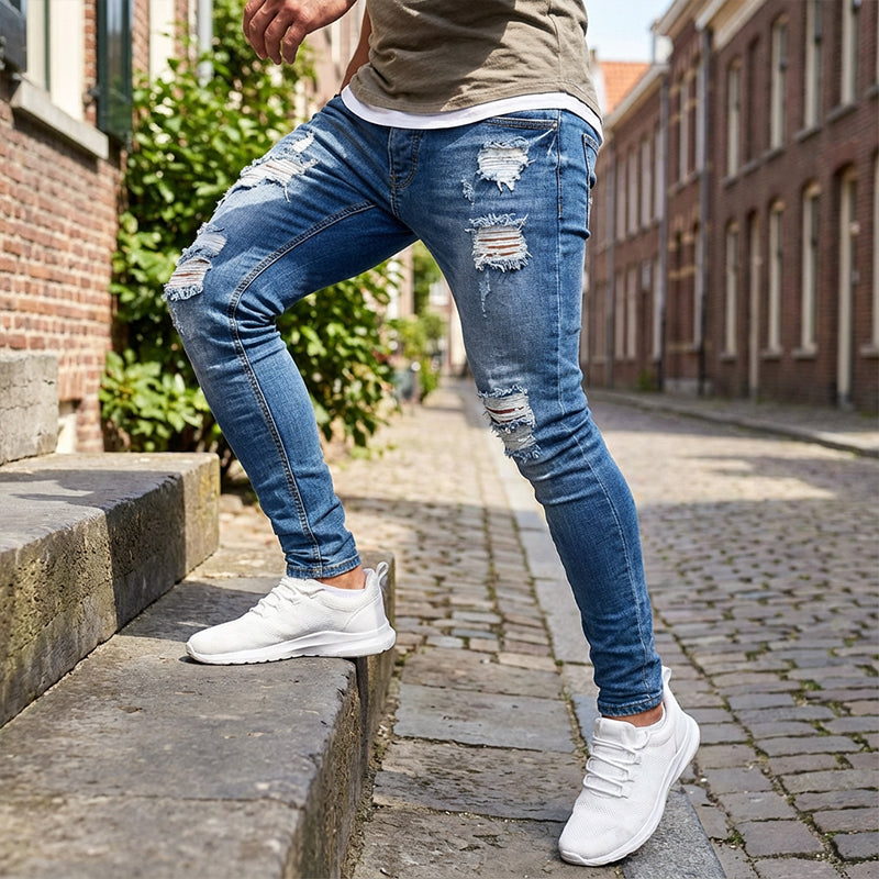 👖60 % DE RÉDUCTION ! 🔥 Jean skinny délavé stylé pour homme – Coupe slim fuselée, coton respirant et détails déchirés tendance