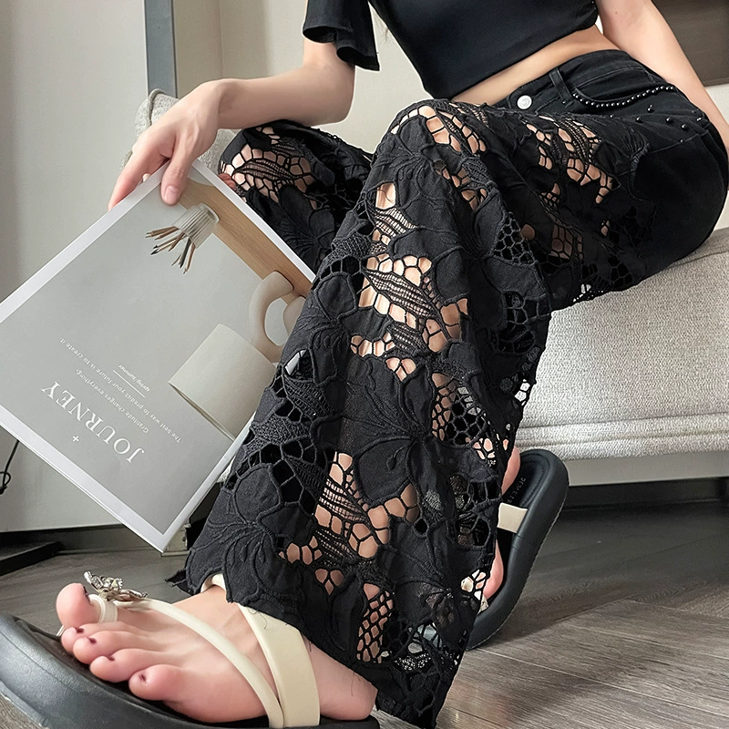 💜 PROMOTION DERNIER JOUR - 60 % DE RÉDUCTION 💜 Pantalon à encolure américaine orné de strass et imprimé ajouré pour femme