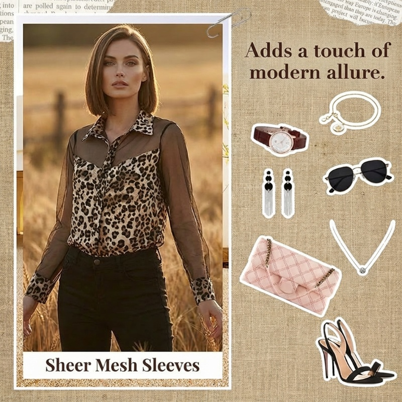 👚60 % DE RÉDUCTION ! 🐆 Chemisier femme imprimé léopard et empiècements en résille contrastants – Manches longues, coupe ajustée, idéal pour le bureau et les soirées ✨