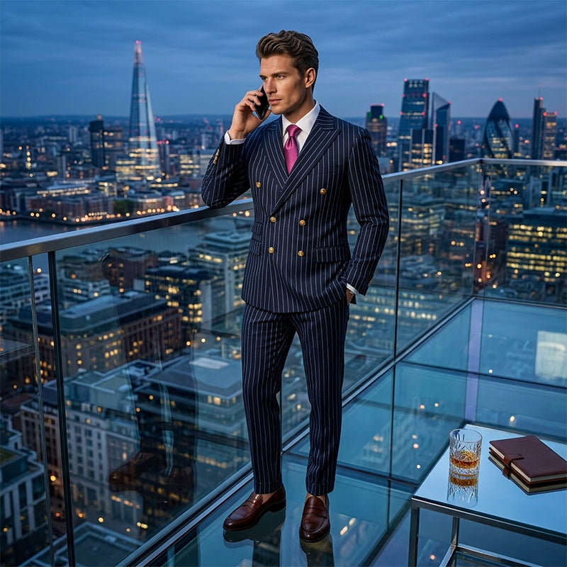 Costume homme à fines rayures 👔 Affine et allonge la silhouette, croisé avec revers pointus, coupe ajustée 💼 Idéal pour les affaires et les mariages 🏆