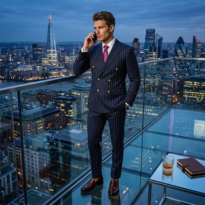 Costume homme à fines rayures 👔 Affine et allonge la silhouette, croisé avec revers pointus, coupe ajustée 💼 Idéal pour les affaires et les mariages 🏆