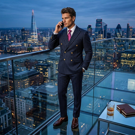 Costume homme à fines rayures 👔 Affine et allonge la silhouette, croisé avec revers pointus, coupe ajustée 💼 Idéal pour les affaires et les mariages 🏆
