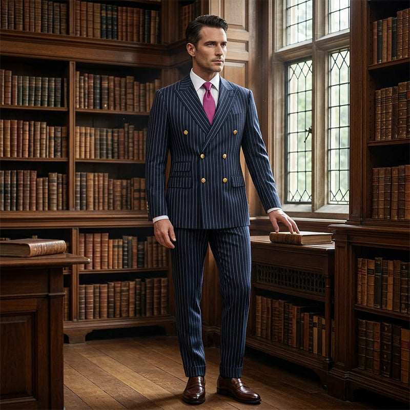 Costume homme à fines rayures 👔 Affine et allonge la silhouette, croisé avec revers pointus, coupe ajustée 💼 Idéal pour les affaires et les mariages 🏆