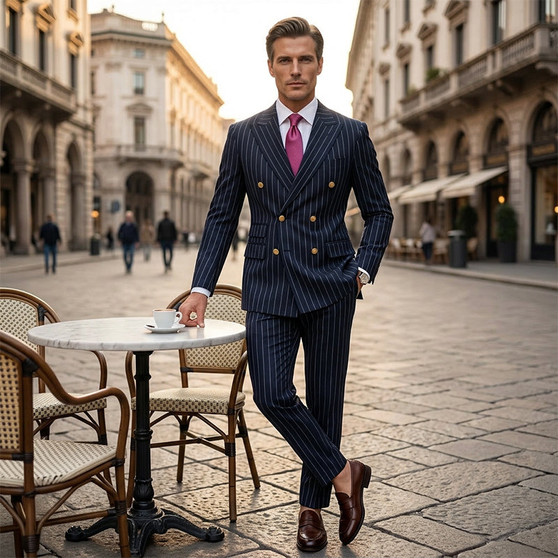 Costume homme à fines rayures 👔 Affine et allonge la silhouette, croisé avec revers pointus, coupe ajustée 💼 Idéal pour les affaires et les mariages 🏆