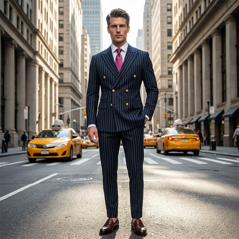Costume homme à fines rayures 👔 Affine et allonge la silhouette, croisé avec revers pointus, coupe ajustée 💼 Idéal pour les affaires et les mariages 🏆