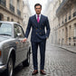 Costume homme à fines rayures 👔 Affine et allonge la silhouette, croisé avec revers pointus, coupe ajustée 💼 Idéal pour les affaires et les mariages 🏆