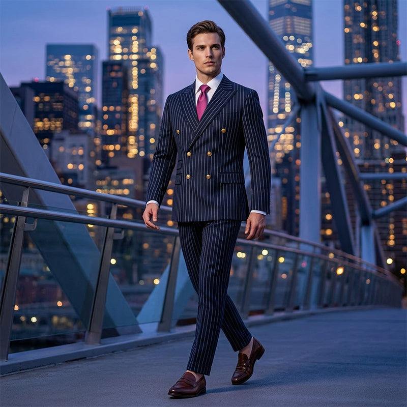 Costume homme à fines rayures 👔 Affine et allonge la silhouette, croisé avec revers pointus, coupe ajustée 💼 Idéal pour les affaires et les mariages 🏆