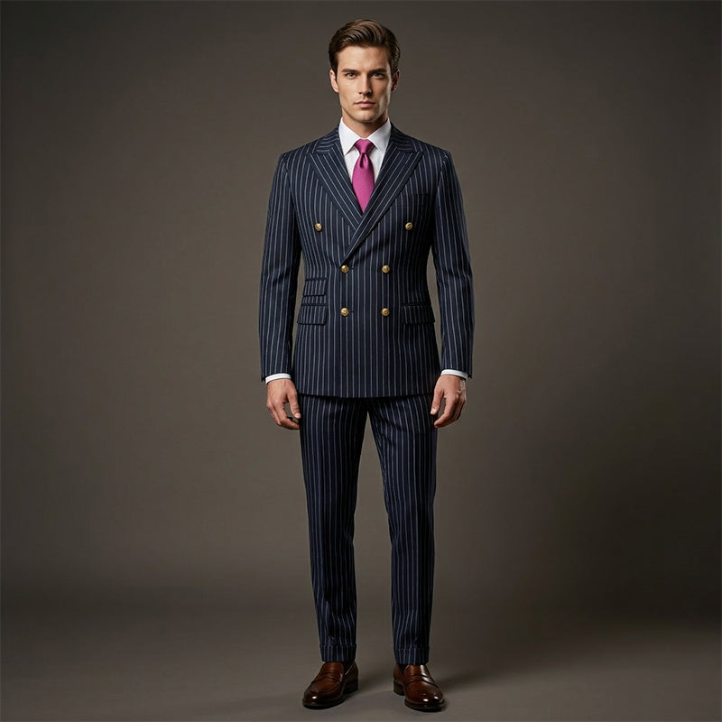 Costume homme à fines rayures 👔 Affine et allonge la silhouette, croisé avec revers pointus, coupe ajustée 💼 Idéal pour les affaires et les mariages 🏆