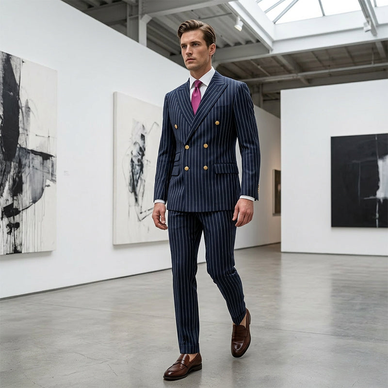 Costume homme à fines rayures 👔 Affine et allonge la silhouette, croisé avec revers pointus, coupe ajustée 💼 Idéal pour les affaires et les mariages 🏆