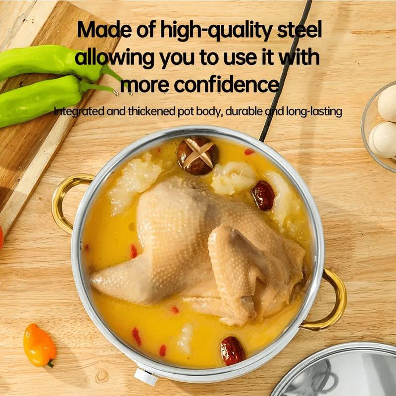 Batterie de cuisine 5 pièces 🍲 Tout le nécessaire pour mijoter, bouillir et faire sauter. Acier inoxydable épais, couvercle transparent, poignée dorée. Compatible avec tous types de plaques de cuisson 🔥
