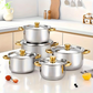 Batterie de cuisine 5 pièces 🍲 Tout le nécessaire pour mijoter, bouillir et faire sauter. Acier inoxydable épais, couvercle transparent, poignée dorée. Compatible avec tous types de plaques de cuisson 🔥