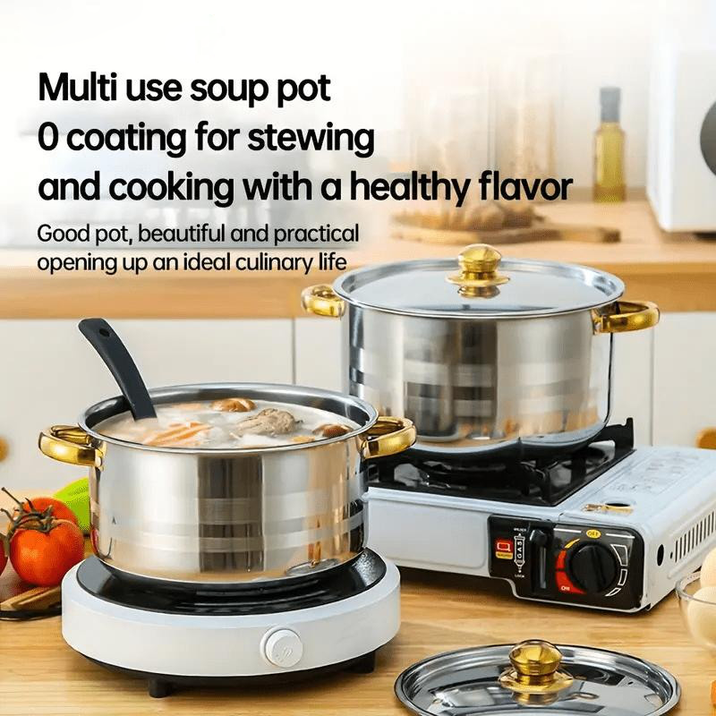 Batterie de cuisine 5 pièces 🍲 Tout le nécessaire pour mijoter, bouillir et faire sauter. Acier inoxydable épais, couvercle transparent, poignée dorée. Compatible avec tous types de plaques de cuisson 🔥