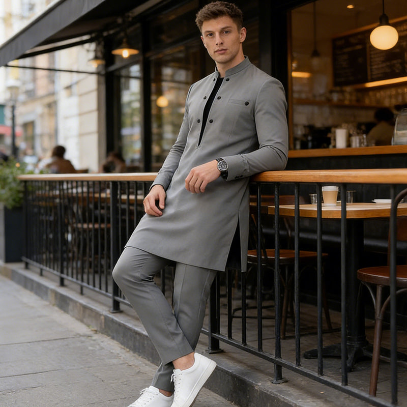 👔 60 % DE RÉDUCTION ! 🔥 Ensemble tunique et pantalon homme à col mandarin moderne – Design élégant, coupe confortable et parfait pour les fêtes 🎩