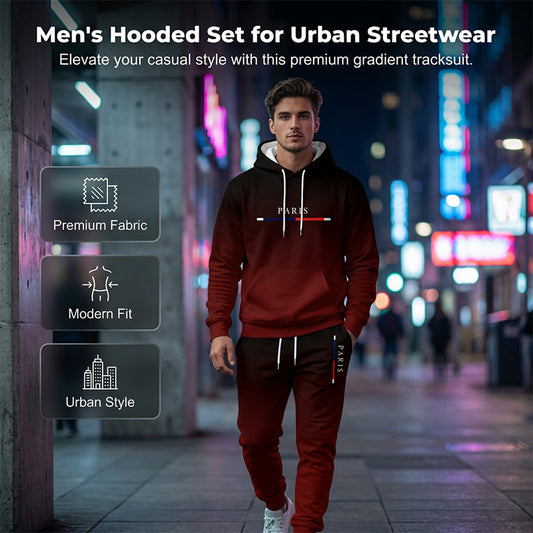 Ensemble sportswear dégradé noir-rouge 🔥 Comprenant un sweat à capuche et un pantalon — Doté d'une poche kangourou et d'une taille avec cordon de serrage. Parfait aussi bien pour la salle de sport que pour la ville ! 💪