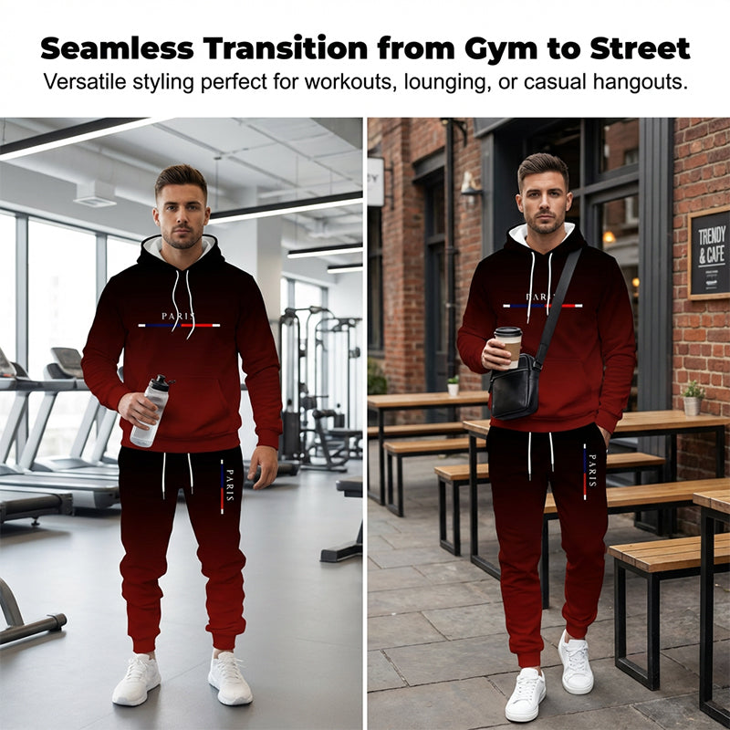 Ensemble sportswear dégradé noir-rouge 🔥 Comprenant un sweat à capuche et un pantalon — Doté d'une poche kangourou et d'une taille avec cordon de serrage. Parfait aussi bien pour la salle de sport que pour la ville ! 💪