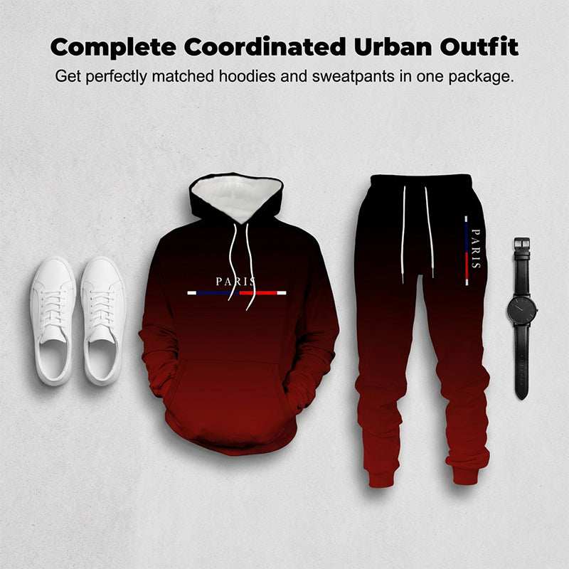 Ensemble sportswear dégradé noir-rouge 🔥 Comprenant un sweat à capuche et un pantalon — Doté d'une poche kangourou et d'une taille avec cordon de serrage. Parfait aussi bien pour la salle de sport que pour la ville ! 💪