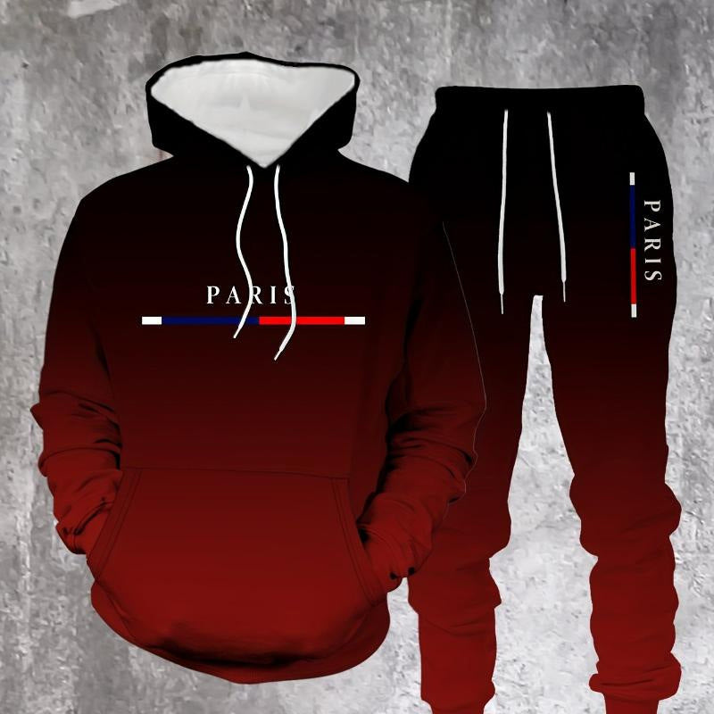 Ensemble sportswear dégradé noir-rouge 🔥 Comprenant un sweat à capuche et un pantalon — Doté d'une poche kangourou et d'une taille avec cordon de serrage. Parfait aussi bien pour la salle de sport que pour la ville ! 💪