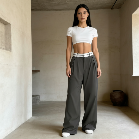 Pantalon large et élégant 💃 Ceinture bicolore + taille haute ✨ Parfait pour le travail ou le shopping 👜