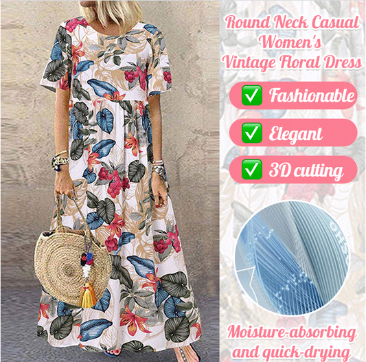 Robe maxi à imprimé floral rétro 🌼 Col rond, manches courtes, coupe ample et fluide, pour un look champêtre 🌿