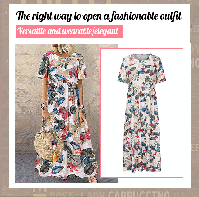 Robe maxi à imprimé floral rétro 🌼 Col rond, manches courtes, coupe ample et fluide, pour un look champêtre 🌿