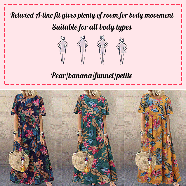 Robe maxi à imprimé floral rétro 🌼 Col rond, manches courtes, coupe ample et fluide, pour un look champêtre 🌿