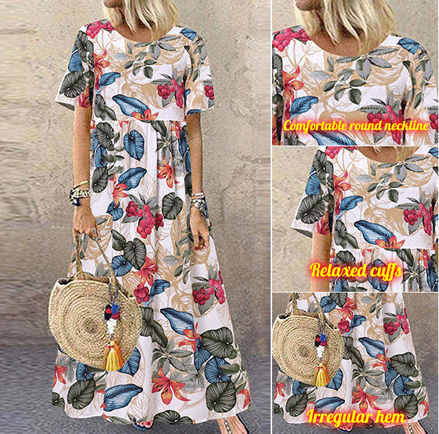 Robe maxi à imprimé floral rétro 🌼 Col rond, manches courtes, coupe ample et fluide, pour un look champêtre 🌿