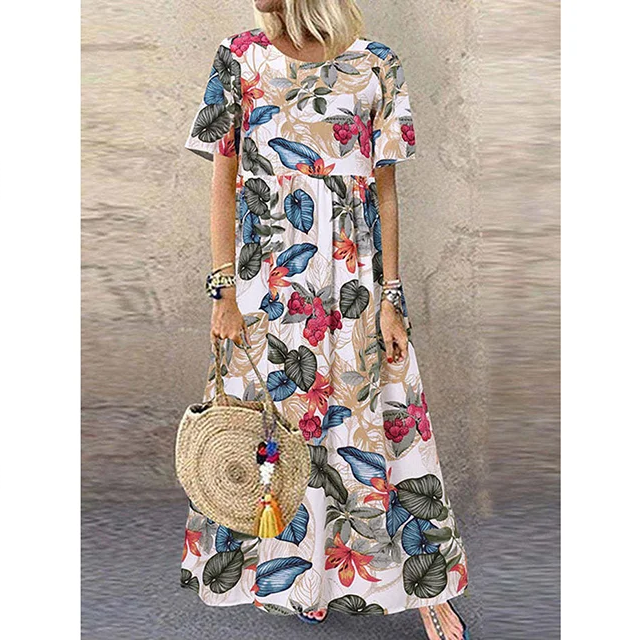 Robe maxi à imprimé floral rétro 🌼 Col rond, manches courtes, coupe ample et fluide, pour un look champêtre 🌿