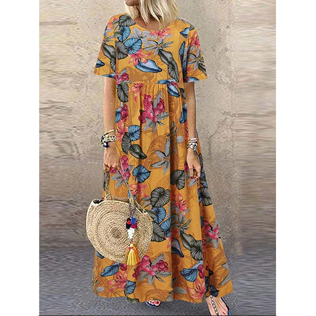 Robe maxi à imprimé floral rétro 🌼 Col rond, manches courtes, coupe ample et fluide, pour un look champêtre 🌿