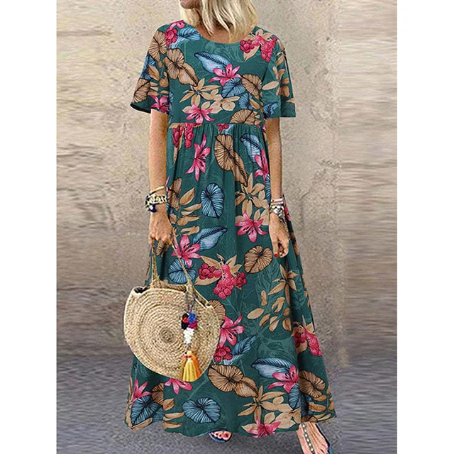 Robe maxi à imprimé floral rétro 🌼 Col rond, manches courtes, coupe ample et fluide, pour un look champêtre 🌿