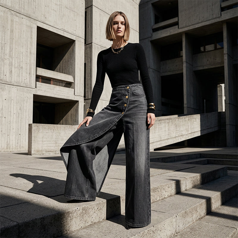 Jean portefeuille asymétrique 👖 À mi-chemin entre la culotte et le pantalon, taille haute pour allonger les jambes, coupe large et fluide, boutons disposés en diagonale : transformez-vous instantanément en fashionista ! ✨