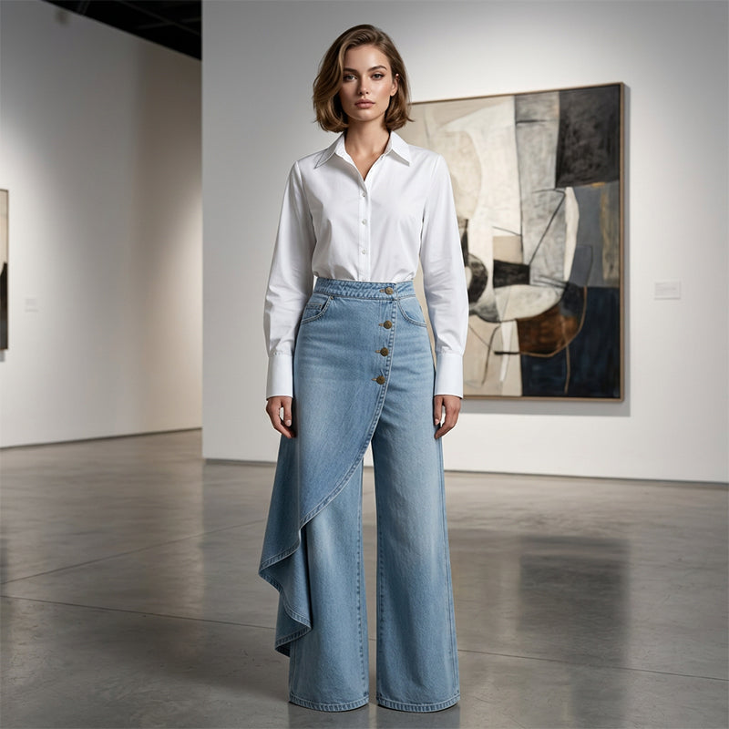 Jean portefeuille asymétrique 👖 À mi-chemin entre la culotte et le pantalon, taille haute pour allonger les jambes, coupe large et fluide, boutons disposés en diagonale : transformez-vous instantanément en fashionista ! ✨