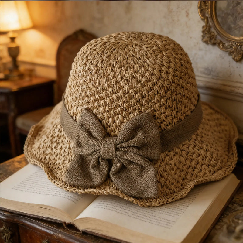 Chapeau de paille style français avec nœud 👒 — Tissage respirant, large bord ondulé, protection solaire et effet affinant pour le visage. Ajustable (ne s'envole pas !), pliable et facile à transporter 🌊
