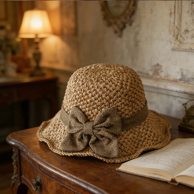 Chapeau de paille style français avec nœud 👒 — Tissage respirant, large bord ondulé, protection solaire et effet affinant pour le visage. Ajustable (ne s'envole pas !), pliable et facile à transporter 🌊