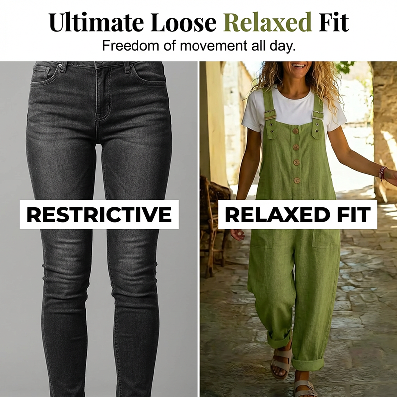 👖60 % DE RÉDUCTION MAINTENANT ! 🌿 Salopette décontractée à boutons pour femme – Bretelles réglables, tissu respirant et coupe ample ✨