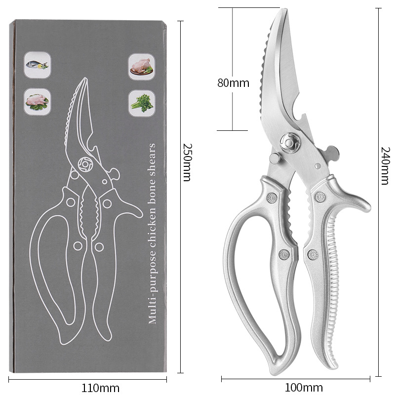 Ciseaux de cuisine multifonctions 🍗 Une lame, plusieurs usages : écailleur à poisson, casse-noix et ouvre-bouteille. Lames dentelées pour une prise en main antidérapante. Verrouillage de sécurité pour éviter les coupures. ✂️