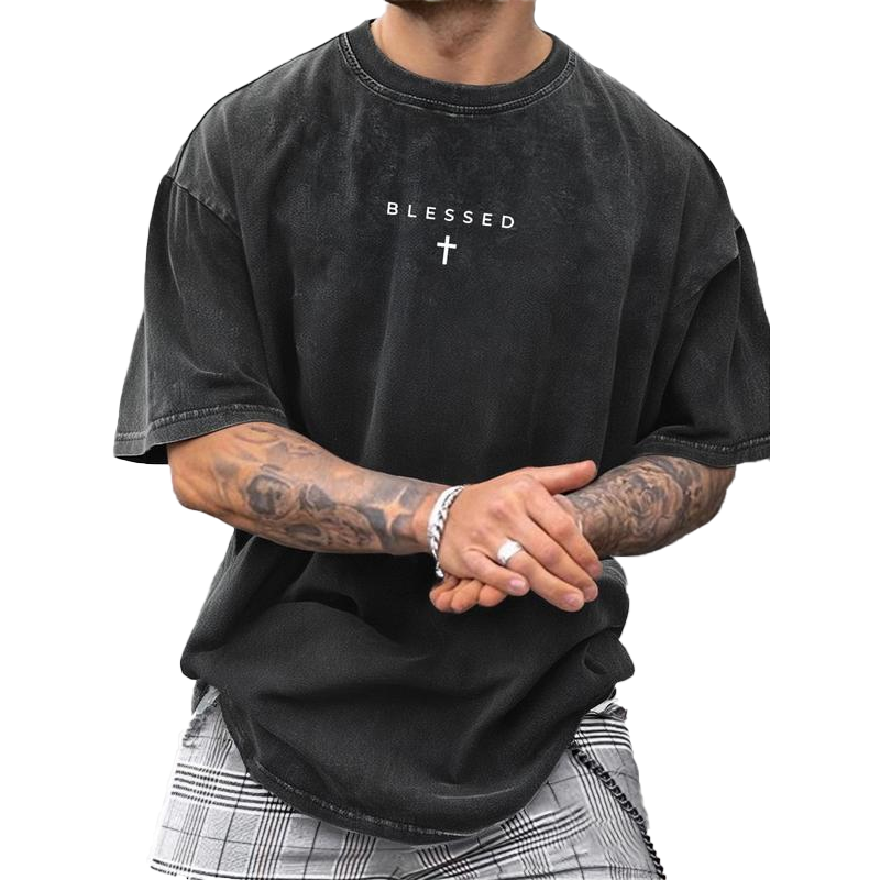 👕✝️ -50 % T-shirt vintage homme avec imprimé croix et lettres – Décontracté, expressif et avec une touche personnelle ✨