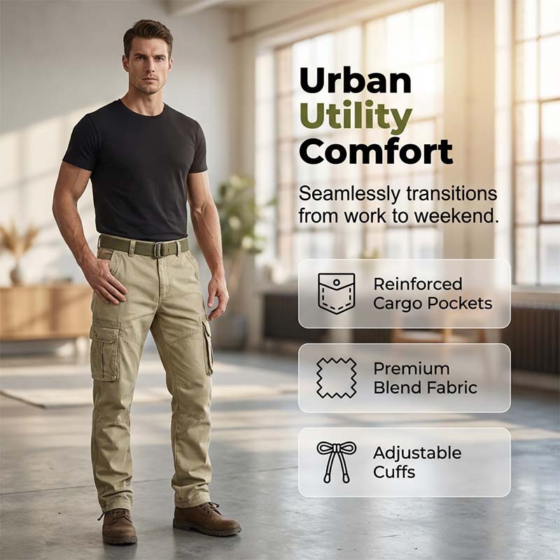 Pantalon cargo tactique pour homme 🧥 | Multiples poches 📦 Mélange de coton résistant 💪 Genoux amples et structurés 🦵 Taille et bas de jambes ajustables 🎛️