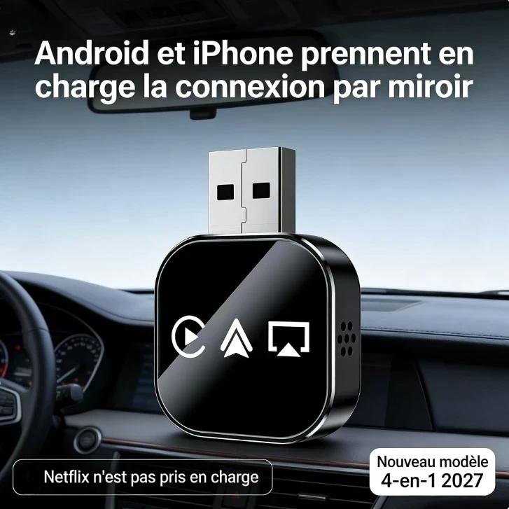 🚗📱【4 en 1】Adaptateur CarPlay Sans Fil 2027 – Convertisseur Filaire vers Sans Fil, Plug & Play, Compatible iPhone/Android & Voitures avec CarPlay d’Origine (Accessoires Auto)