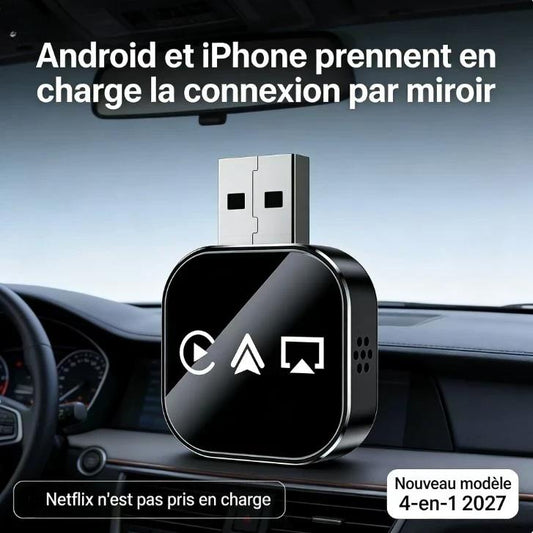 🚗📱【4 en 1】Adaptateur CarPlay Sans Fil 2027 – Convertisseur Filaire vers Sans Fil, Plug & Play, Compatible iPhone/Android & Voitures avec CarPlay d’Origine (Accessoires Auto)