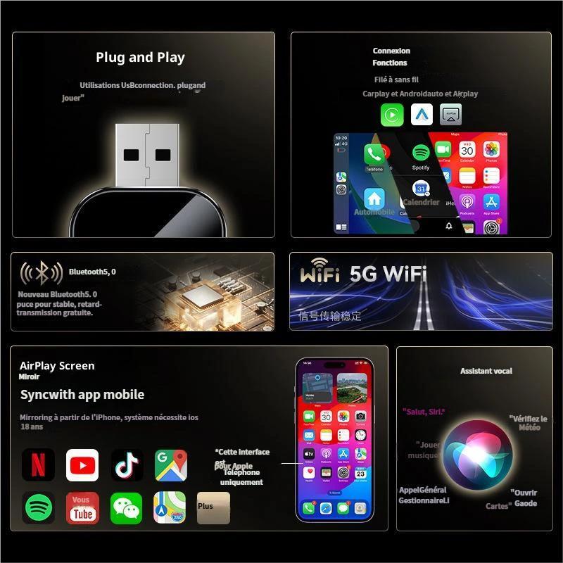 🚗📱【4 en 1】Adaptateur CarPlay Sans Fil 2027 – Convertisseur Filaire vers Sans Fil, Plug & Play, Compatible iPhone/Android & Voitures avec CarPlay d’Origine (Accessoires Auto)