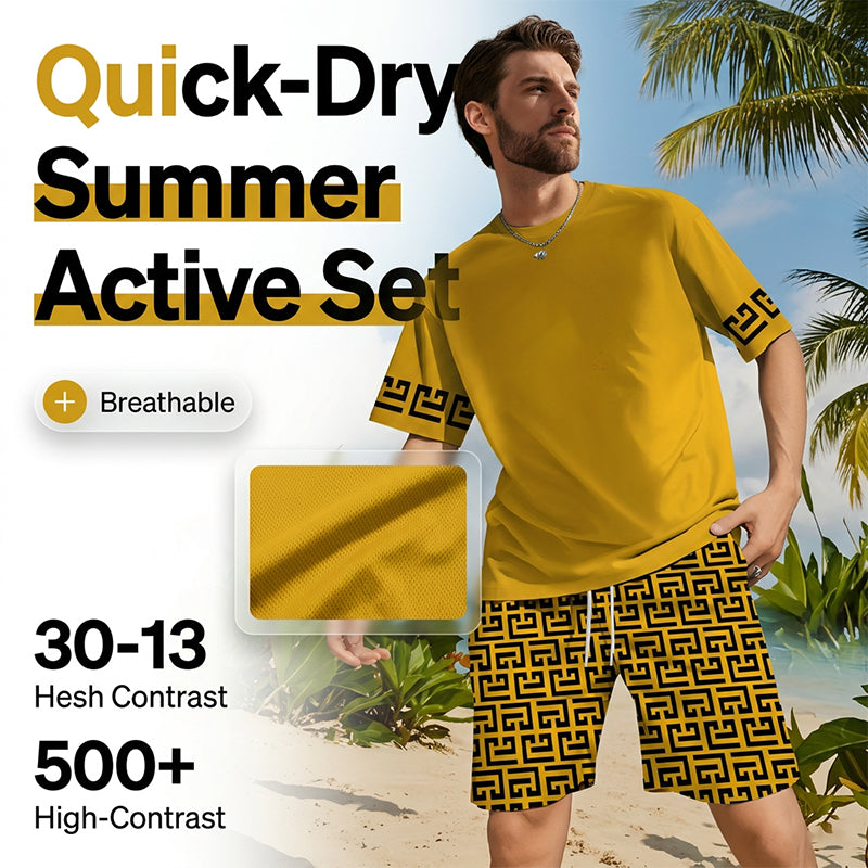 👕 50 % DE RÉDUCTION ! 💛 Ensemble de sport à manches courtes pour homme, imprimé graphique jaune – Confortable, sportif et idéal pour le sport et les loisirs – Coton résistant aux accrocs et respirant 🔥