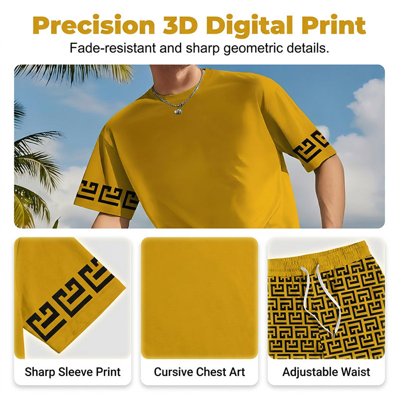 👕 50 % DE RÉDUCTION ! 💛 Ensemble de sport à manches courtes pour homme, imprimé graphique jaune – Confortable, sportif et idéal pour le sport et les loisirs – Coton résistant aux accrocs et respirant 🔥