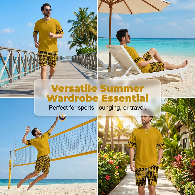 👕 50 % DE RÉDUCTION ! 💛 Ensemble de sport à manches courtes pour homme, imprimé graphique jaune – Confortable, sportif et idéal pour le sport et les loisirs – Coton résistant aux accrocs et respirant 🔥