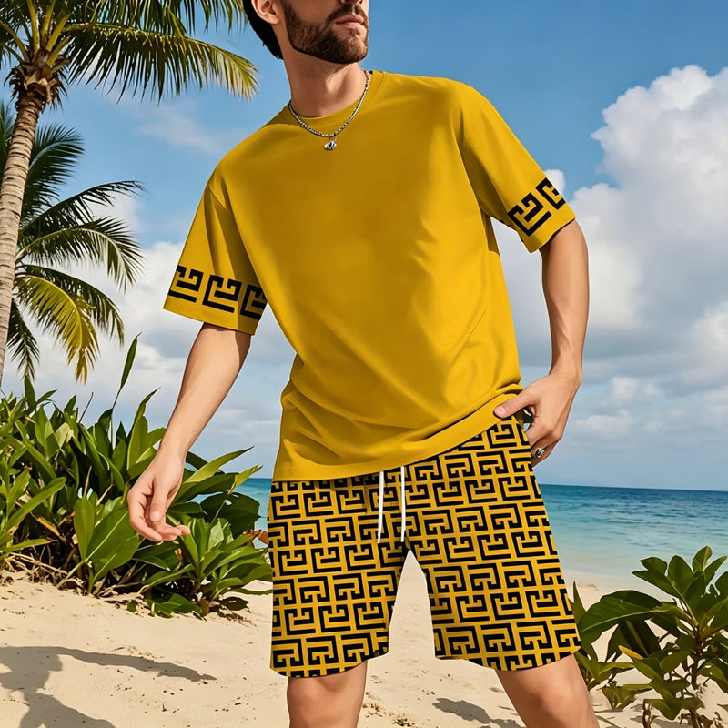 👕 50 % DE RÉDUCTION ! 💛 Ensemble de sport à manches courtes pour homme, imprimé graphique jaune – Confortable, sportif et idéal pour le sport et les loisirs – Coton résistant aux accrocs et respirant 🔥