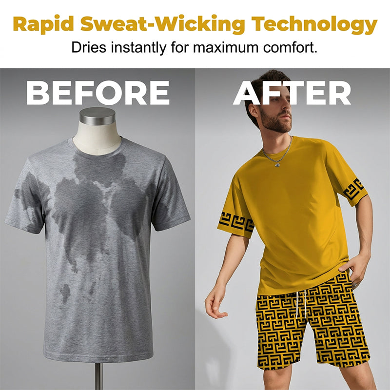 👕 50 % DE RÉDUCTION ! 💛 Ensemble de sport à manches courtes pour homme, imprimé graphique jaune – Confortable, sportif et idéal pour le sport et les loisirs – Coton résistant aux accrocs et respirant 🔥