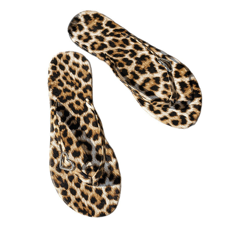 ✨ 50% DE RÉDUCTION ! 🩴 Tongs Imprimé Léopard – PU & Caoutchouc – Breloque Cœur & Bride Confortable for Femme