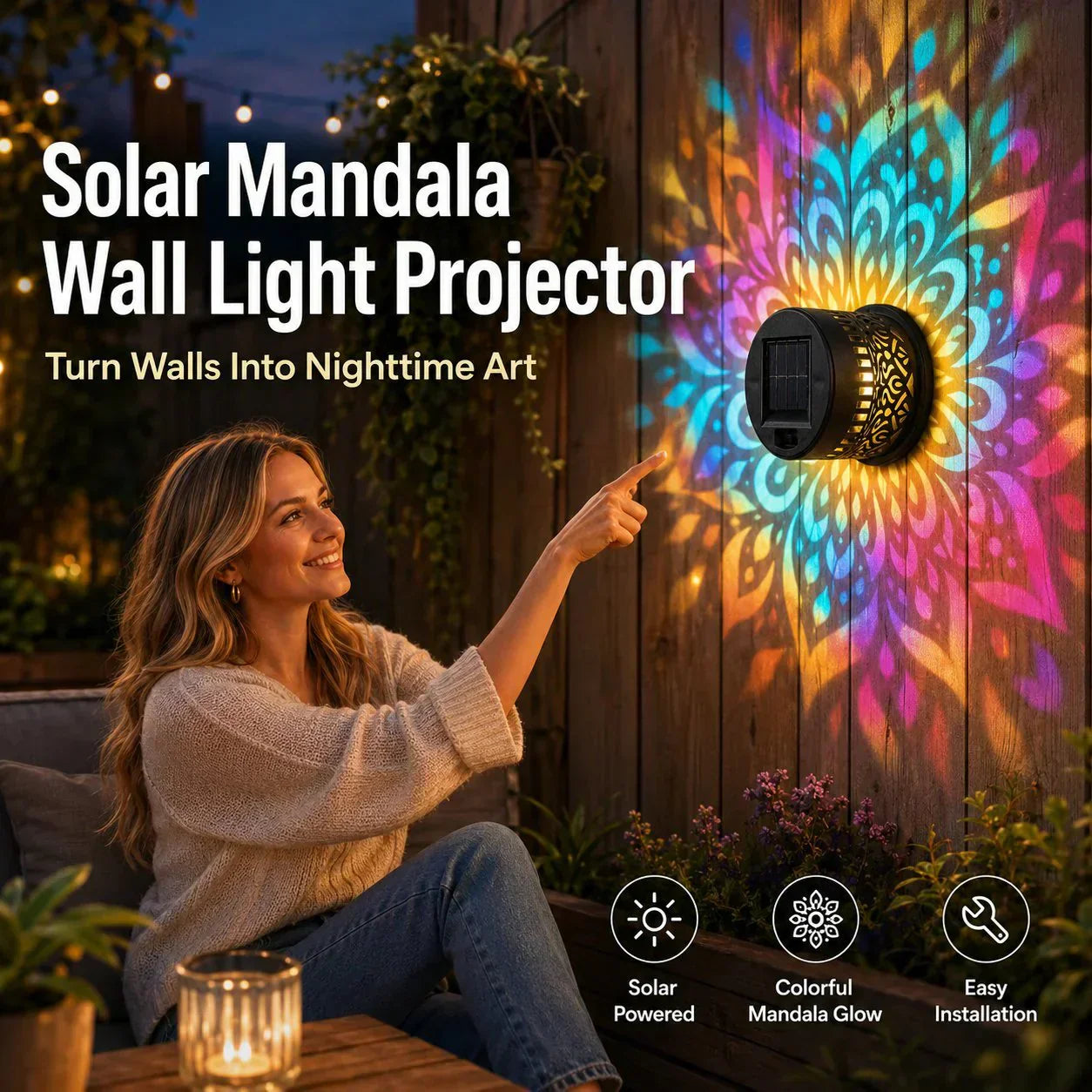 🌞 50 % DE RÉDUCTION ! 🌀 Lampe mandala solaire – Superbes motifs projetés, modèle 2-en-1 pour le sol et les murs, étanche IP65, allumage et extinction automatiques 🌿