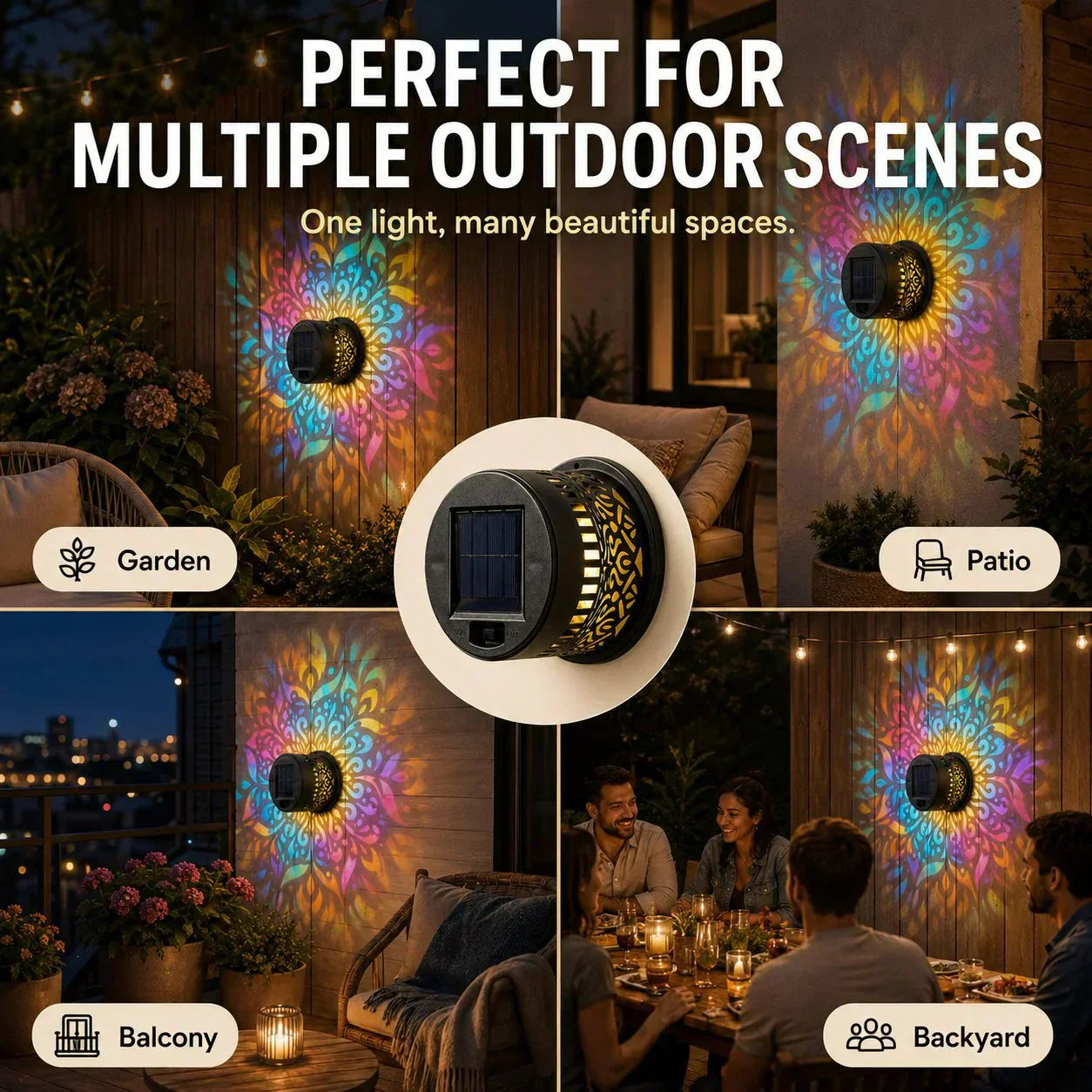 🌞 50 % DE RÉDUCTION ! 🌀 Lampe mandala solaire – Superbes motifs projetés, modèle 2-en-1 pour le sol et les murs, étanche IP65, allumage et extinction automatiques 🌿