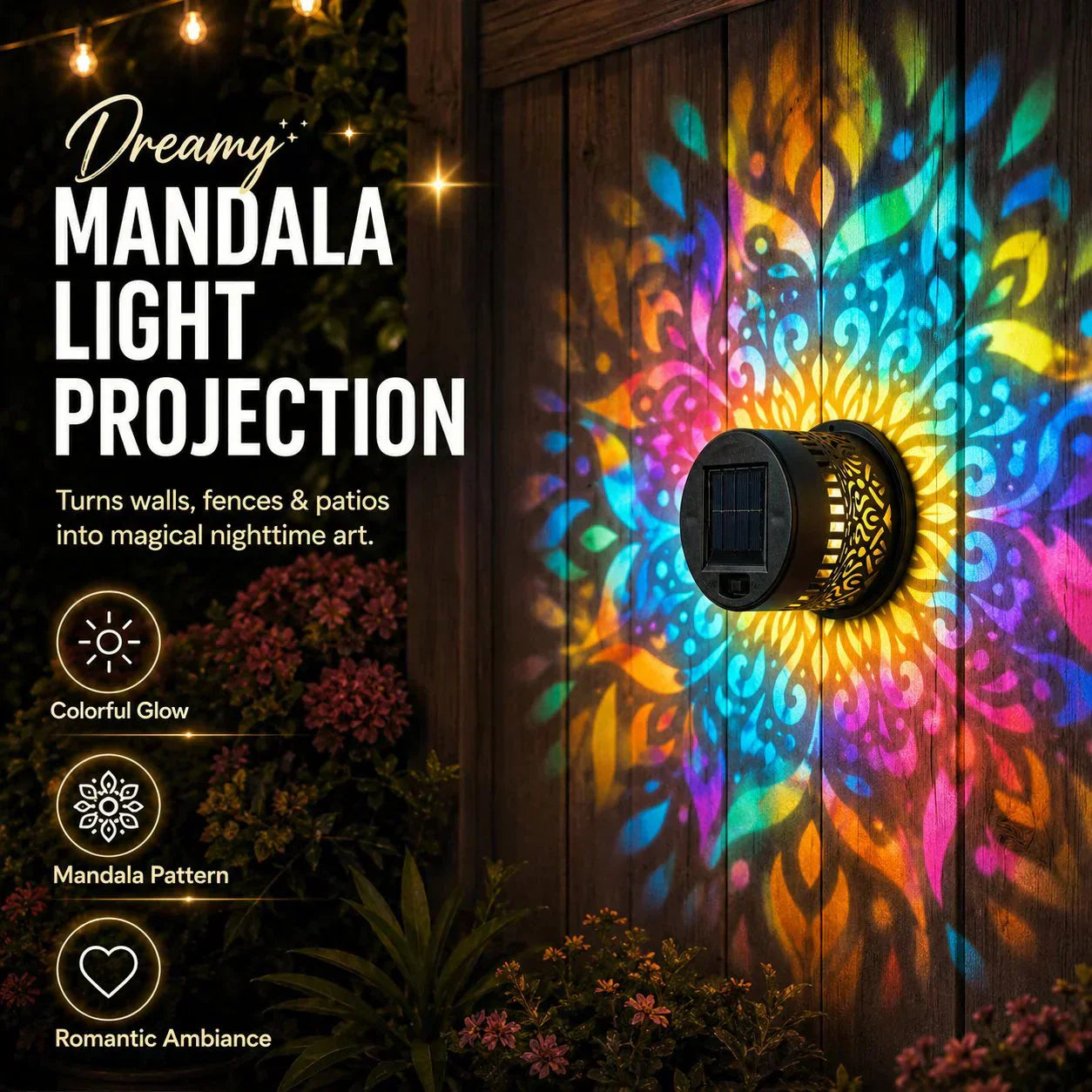 🌞 50 % DE RÉDUCTION ! 🌀 Lampe mandala solaire – Superbes motifs projetés, modèle 2-en-1 pour le sol et les murs, étanche IP65, allumage et extinction automatiques 🌿