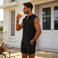 👕 50 % DE RÉDUCTION! 🌴 Ensemble homme composé d’un haut sans manches boutonné et d’un short – Motif texturé, léger, idéal pour les vacances ✨
